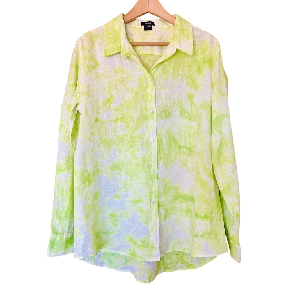 Pure Amici 100% Linen Women's Size L Bright Green Tie Dye Long Sleeve Top Boho
